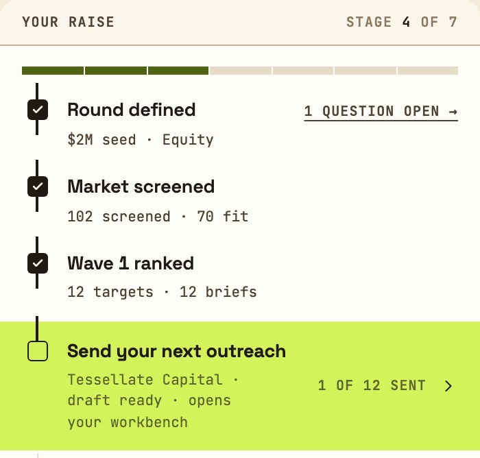 Your raise tracker: round defined, market screened, wave 1 ranked, 1 of 12 sent.