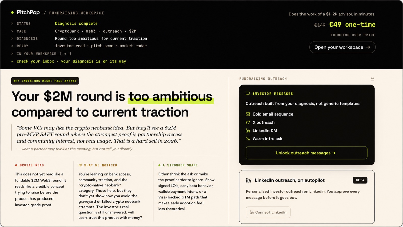 PitchPop free Web3 diagnosis: a $2M SAFT round flagged as too ambitious for current traction, with the brutal read, what investors noticed, a stronger shape, and a locked outreach pack.